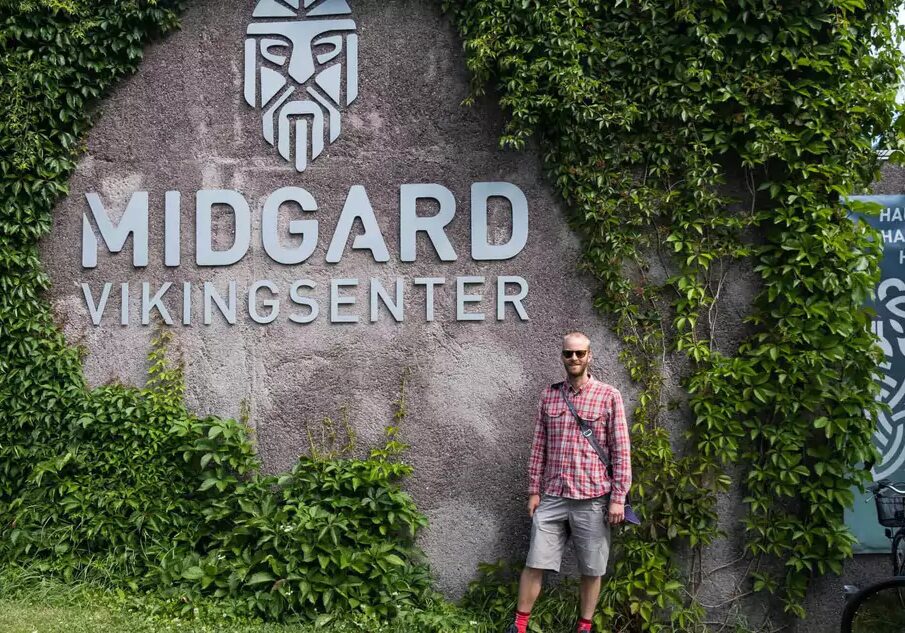 Pal standing outside the The Midgard Viking Centre in Borre