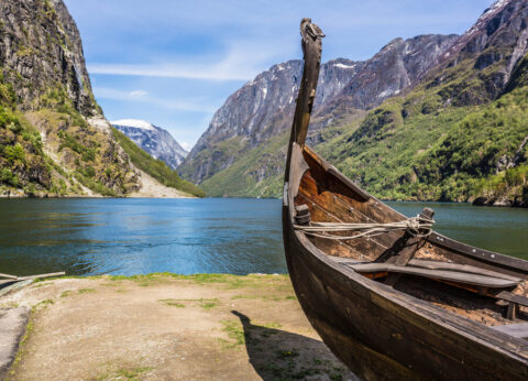 Viking drakkar at the end of the Sognefjord between Flam and Gudvangen in Norway.