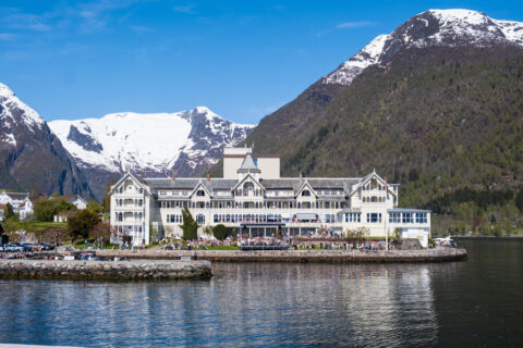 View of the historic Kviknes Hotel in Balestrand.