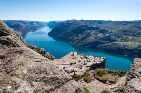 Drone view of the Pulpit Rock and the Lysefjord below