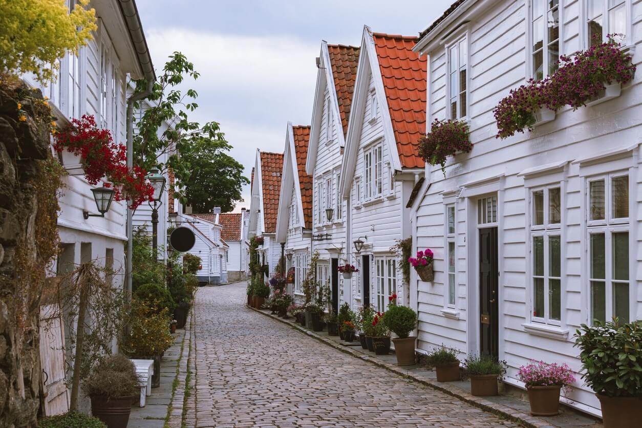 A street with white houses in Stavanger